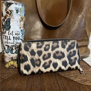 Brown animal print 3 compartment wallet